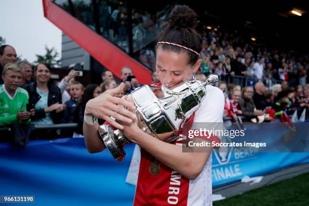 Merel van Dongen of Ajax Women celebrates the championship with the trophy during the Dutch KNVB Beker Women match between Ajax v PSV at the...