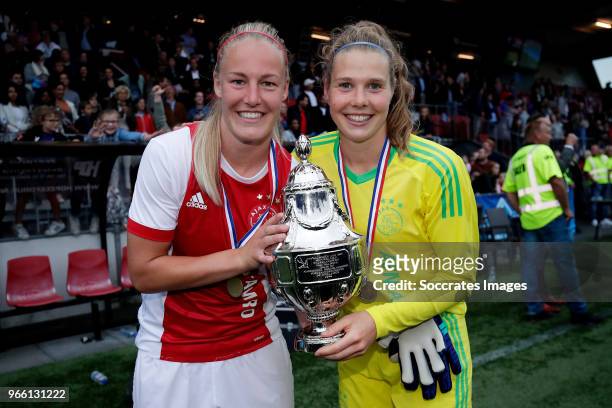 Stefanie van der Gragt of Ajax Women, Lize Kop of Ajax Women celebrates the championship with the trophy during the Dutch KNVB Beker Women match...
