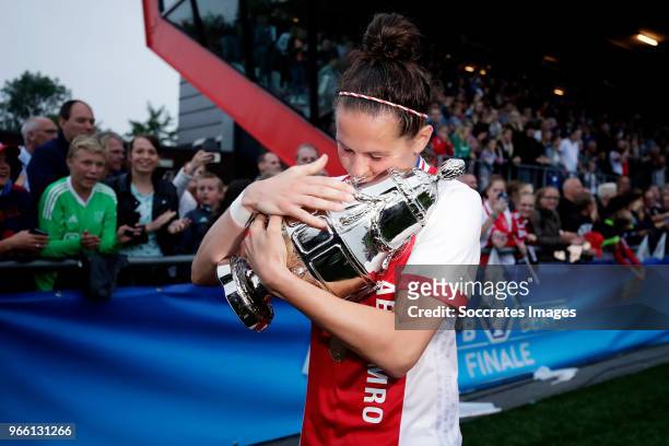 Merel van Dongen of Ajax Women celebrates the championship with the trophy during the Dutch KNVB Beker Women match between Ajax v PSV at the...
