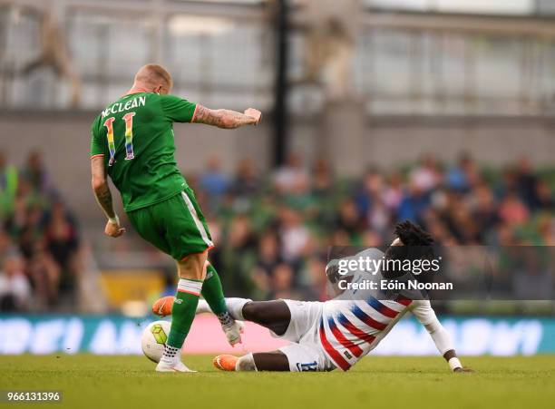 Dublin , Ireland - 2 June 2018; James McClean of Republic of Ireland in action against Tim Weah of United States during the International Friendly...