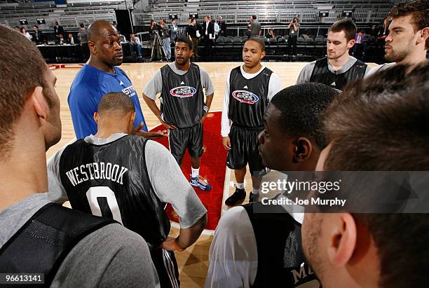 Patrick Ewing Coach of the Sophomore team huddles his players up during the Sophomore practice on center court at Jam Session presented by Adidas...