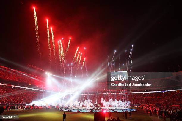 Musician Roger Daltrey and Pete Townshend of The Who perform at halftime of Super Bowl XLIV between the Indianapolis Colts and the New Orleans Saints...