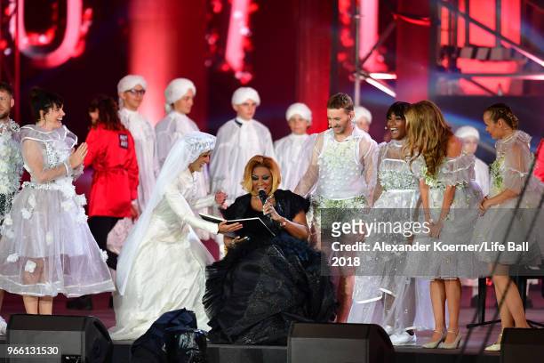 Conchita Wurst, Patty LaBelle, Nathan Trent and Rose Alaba perform on stage during the Life Ball 2018 show at City Hall on June 2, 2018 in Vienna,...