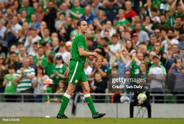 Dublin , Ireland - 2 June 2018; John O'Shea of Republic of Ireland leaves the pitch while being substituted during the International Friendly match...