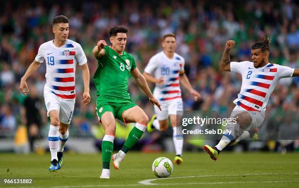 Dublin , Ireland - 2 June 2018; Callum O'Dowda of Republic of Ireland in action against Jorge Villafaña, left, and DeAndre Yedlin of United States...