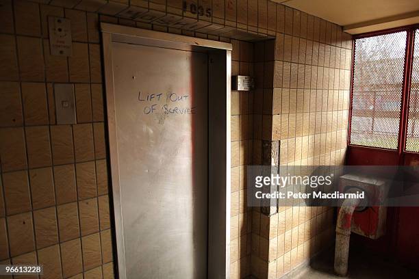 Hand written sign informs residents that a lift is not functioning on the Heygate housing estate near Elephant and Castle on February 11, 2010 in...
