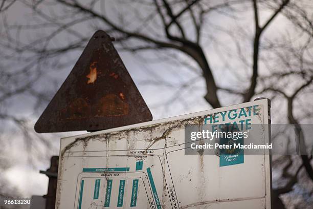 Rusty sign denotes the entrance to the Heygate housing estate near Elephant and Castle on February 11, 2010 in London, England. The Heygate estate...