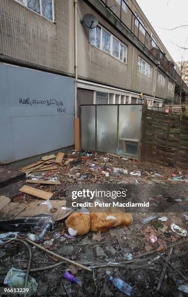 Rubbish fills the garden of an abandoned flat on the Heygate housing estate near Elephant and Castle on February 11, 2010 in London, England. The...