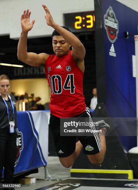 Akil Thomas performs the standing long jump during the NHL Scouting Combine on June 2, 2018 at HarborCenter in Buffalo, New York.