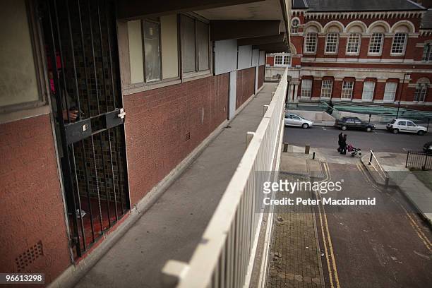 Resident stands behind her saftey gate on the Heygate housing estate near Elephant and Castle on February 11, 2010 in London, England. The Heygate...