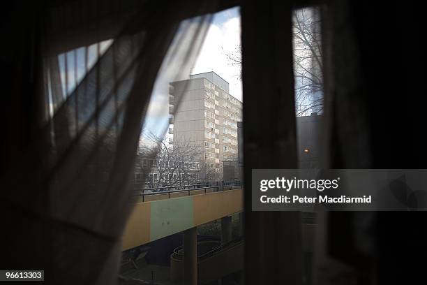 Tower block is glimpsed from a flat on the Heygate housing estate near Elephant and Castle on February 11, 2010 in London, England. The Heygate...
