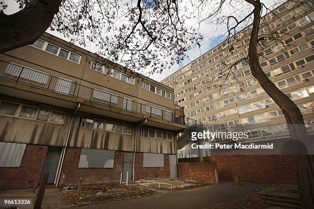 All the properties of a tower block are boarded up on the Heygate housing estate near Elephant and Castle on February 11, 2010 in London, England....