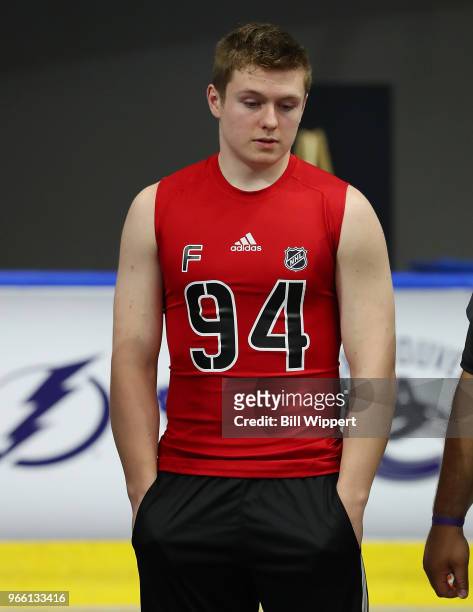 Allan McShane prepares for testing during the NHL Scouting Combine on June 2, 2018 at HarborCenter in Buffalo, New York.