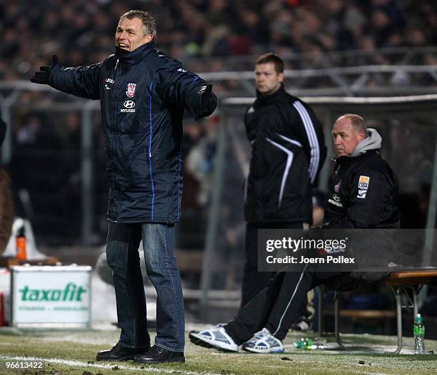 Head coach Hans-Juergen Boysen of Frankfurt gestures during the Second Bundesliga match between FC St. Pauli and FSV Frankfurt at the Millerntor...