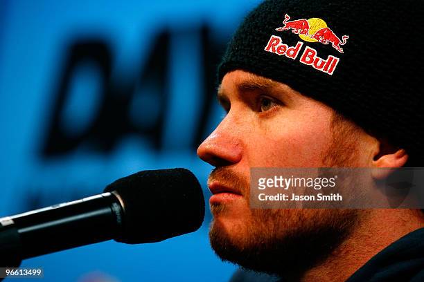 Brian Vickers, driver of the Red Bull Toyota, speaks to the media during a press conference at Daytona International Speedway on February 12, 2010 in...