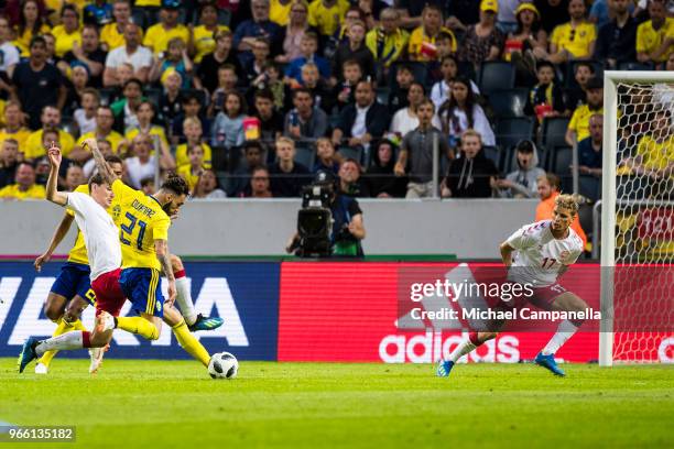 Jimmy Durmaz of Sweden shots on at goal during an international friendly match between Sweden and Denmark at Friends Arean on June 2, 2018 in...