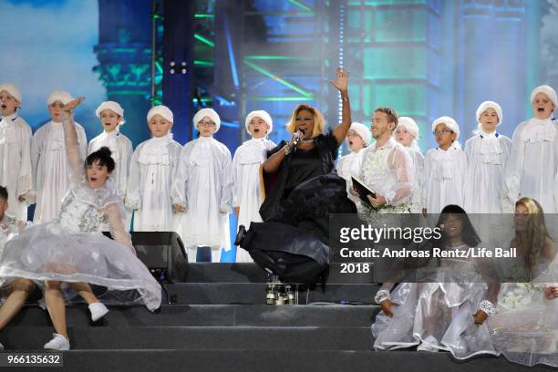 Patty LaBelle, Nathan Trent and Rose Alaba perform on stage during the Life Ball 2018 show at City Hall on June 2, 2018 in Vienna, Austria. The Life...