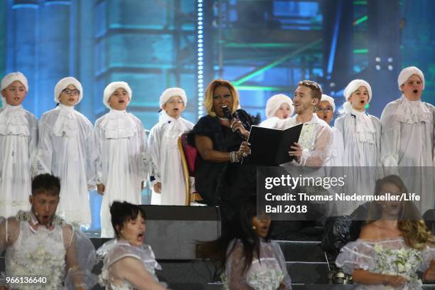 Patty LaBelle and Nathan Trent perform on stage during the Life Ball 2018 show at City Hall on June 2, 2018 in Vienna, Austria. The Life Ball, an...