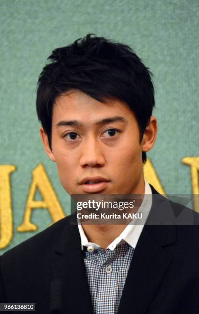 Conférence de presse de Kei Nishikori, premier joueur professionnel de tennis japonais à être classé dans le top 10 à l'ATP à la 5ème place, le 18...