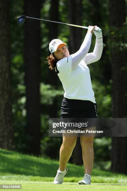 Inbee Park of South Korea plays a tee shot on the second hole during the third round of the 2018 U.S. Women's Open at Shoal Creek on June 2, 2018 in...