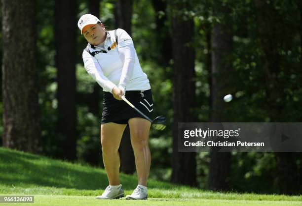 Inbee Park of South Korea plays a tee shot on the second hole during the third round of the 2018 U.S. Women's Open at Shoal Creek on June 2, 2018 in...