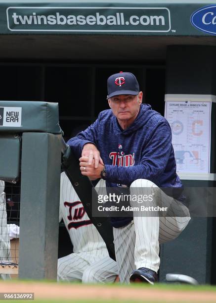 Paul Molitor of the Minnesota Twins watches the play in the first inning against the Cleveland Indians at Target Field on June 2, 2018 in...