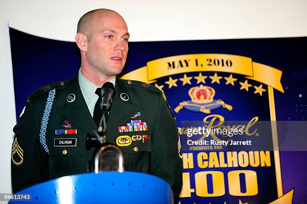 Retired Staff Sergeant Heath Calhoun speaks during a press conference at Daytona International Speedway on February 12, 2010 in Daytona Beach,...
