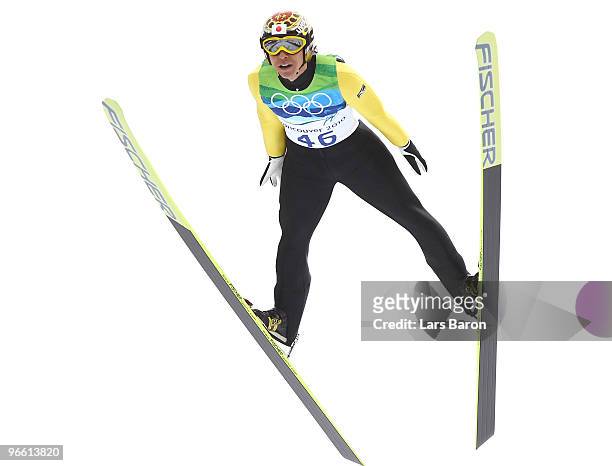 Noriaki Kasai of Japan competes during the Ski Jumping Normal Hill Individual Trial Round of the 2010 Winter Olympics at Whistler Olympic Park Ski...