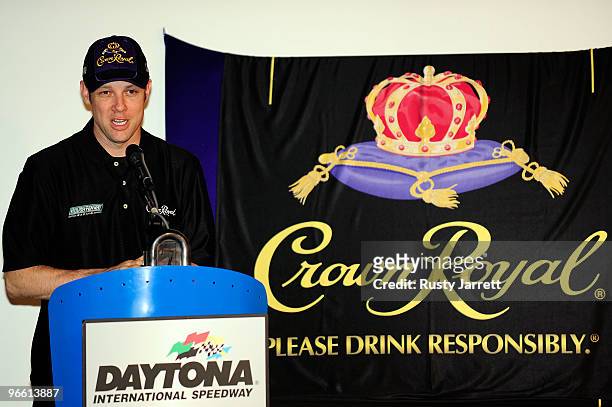 Matt Kenseth, driver of the Crown Royal Ford, speaks during a press conference at Daytona International Speedway on February 12, 2010 in Daytona...