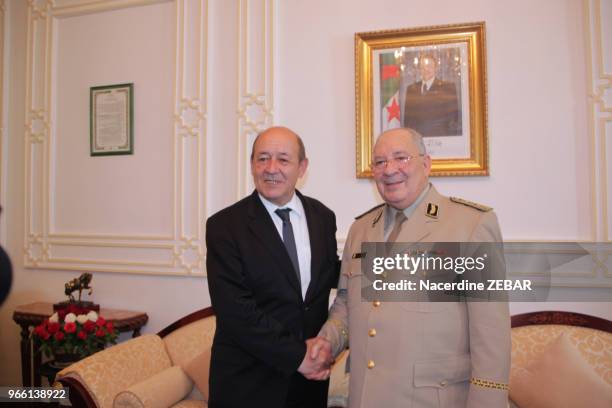 Le chef d'état major algérien Ahmed Gaid Salah a reçu le ministre de la défense Jean-Yves Le Drian le 20 mai 2014 à Alger, Algérie.