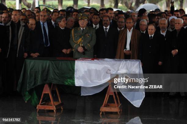 Algerian former President Chadli Bendjedid and current Abdelaziz Bouteflika, Tunisian President Moncef Marzouki and other officials pray behind the...