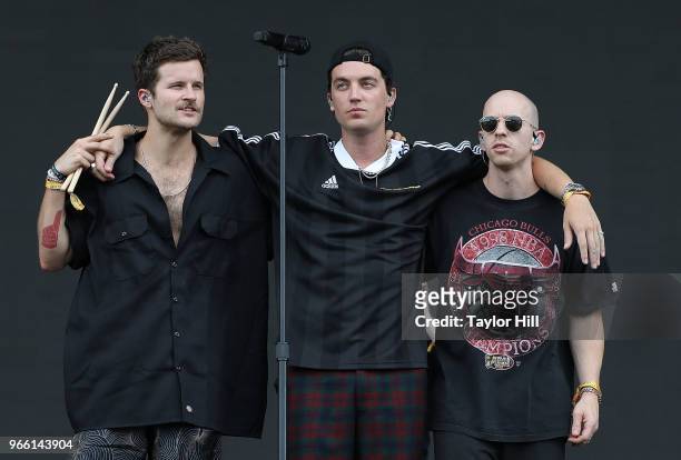 Jake Goss, Paul Jason Klein and Les Priest of LANY perform onstage during Day 2 of 2018 Governors Ball Music Festival at Randall's Island on June 2,...
