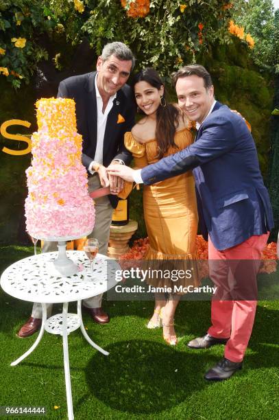 Veuve Clicquot President and CEO Jean-Marc Gallot, Freida Pinto, and International Director of Veuve Clicquot Thomas Bouleuc cut the cake during the...