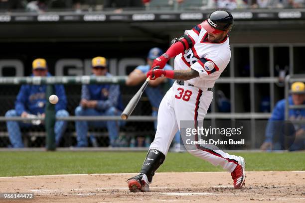 Omar Narvaez of the Chicago White Sox hits a single in the second inning against the Milwaukee Brewers at Guaranteed Rate Field on June 2, 2018 in...