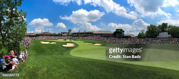 Course scenic view of the 18th hole during the third round of the Memorial Tournament presented by Nationwide at Muirfield Village Golf Club on June...