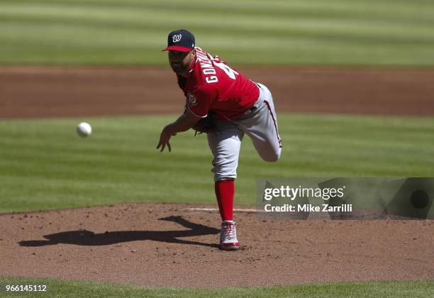 Pitcher Gio Gonzalez of the Washington Nationals throws a pitch in the first inning during the game against the Atlanta Braves at SunTrust Park on...