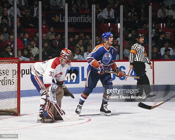 Mark Messier of the Edmonton Oilers skates against the Montreal Canadiens in the 1980's at the Montreal Forum in Montreal, Quebec, Canada.