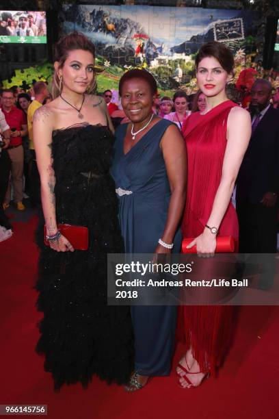 Paris Jackson, Joyce Jere and Alexandra Daddario arrive for the Life Ball 2018 at City Hall on June 2, 2018 in Vienna, Austria. The Life Ball, an...