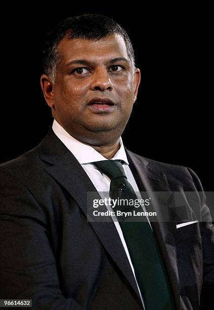 Team Principal Tony Fernandes addresses the crowd at the during the Lotus F1 launch at The Royal Horticultural Halls on February 12, 2010 in London,...