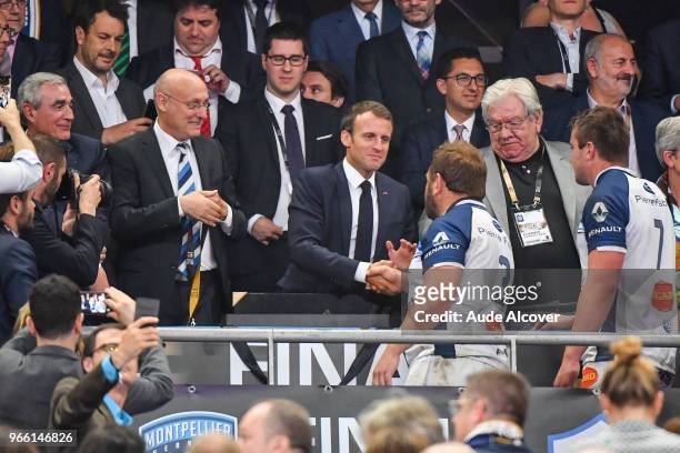 Bernard Laporte, french president Emmanuel Macron and president of french rugby league Paul Goze during the French Final Top 14 match between...
