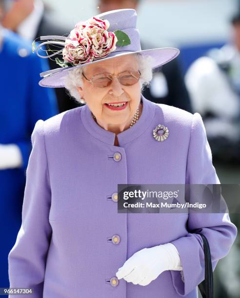 Queen Elizabeth II attends Derby Day of the Investec Derby Festival at Epsom Racecourse on June 2, 2018 in Epsom, England.