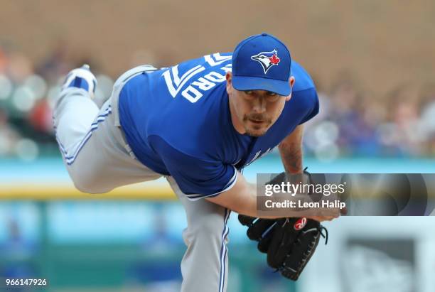 John Axford of the Toronto Blue Jays pitches during the sixth inning of the game against the Detroit Tigers at Comerica Park on June 2, 2018 in...