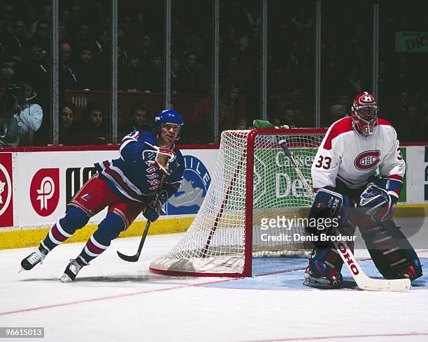 Mark Messier of the New York Rangers skates against the Montreal Canadiens in the 1990's at the Montreal Forum in Montreal, Quebec, Canada.