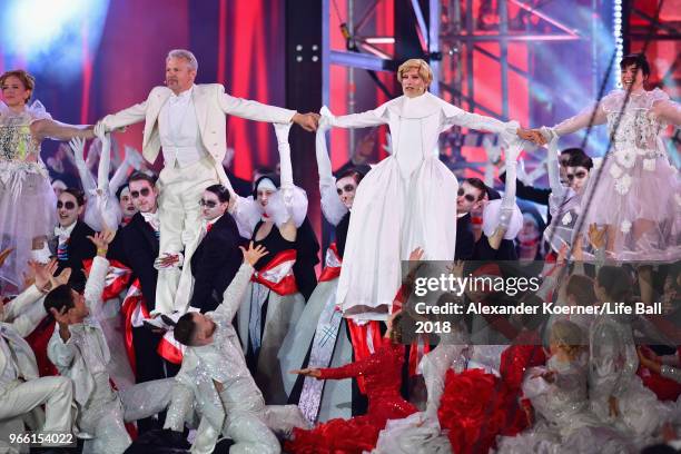 Herbert Foettinger and Conchita Wurst perform on stage during the Life Ball 2018 show at City Hall on June 2, 2018 in Vienna, Austria. The Life Ball,...