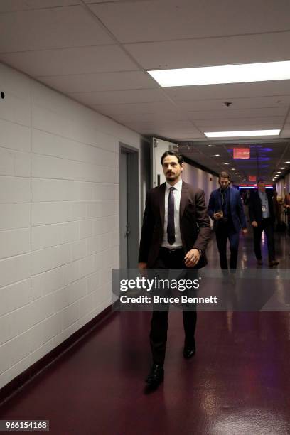 Luca Sbisa of the Vegas Golden Knights arrives in Game Three of the 2018 NHL Stanley Cup Final against the Washington Capitals at Capital One Arena...