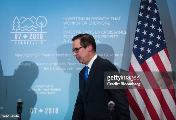 Steven Mnuchin, U.S. Treasury secretary, leaves after a news conference at the closing of the G7 finance ministers and central bank governors meeting...