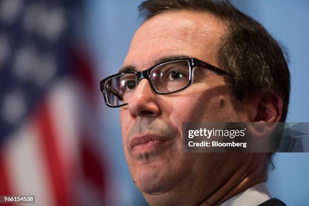 Steven Mnuchin, U.S. Treasury secretary, listens during a news conference at the closing of the G7 finance ministers and central bank governors...
