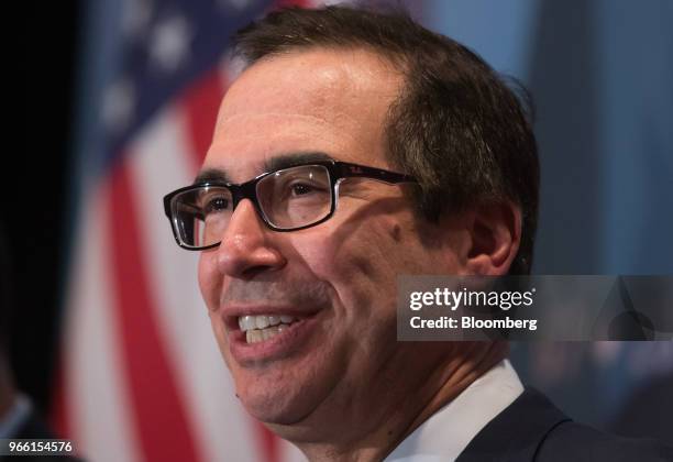Steven Mnuchin, U.S. Treasury secretary, speaks during a news conference at the closing of the G7 finance ministers and central bank governors...