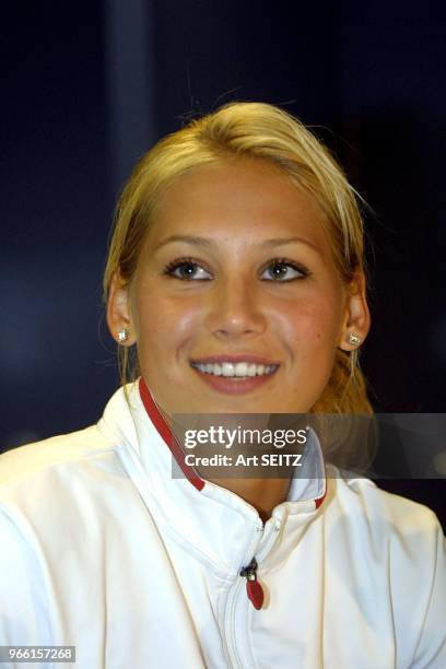 Tampa, Florida Anna Kournikova answers a post match press conference question, after defeating home town favorite Jennifer Capriati 6-4, 7-5.