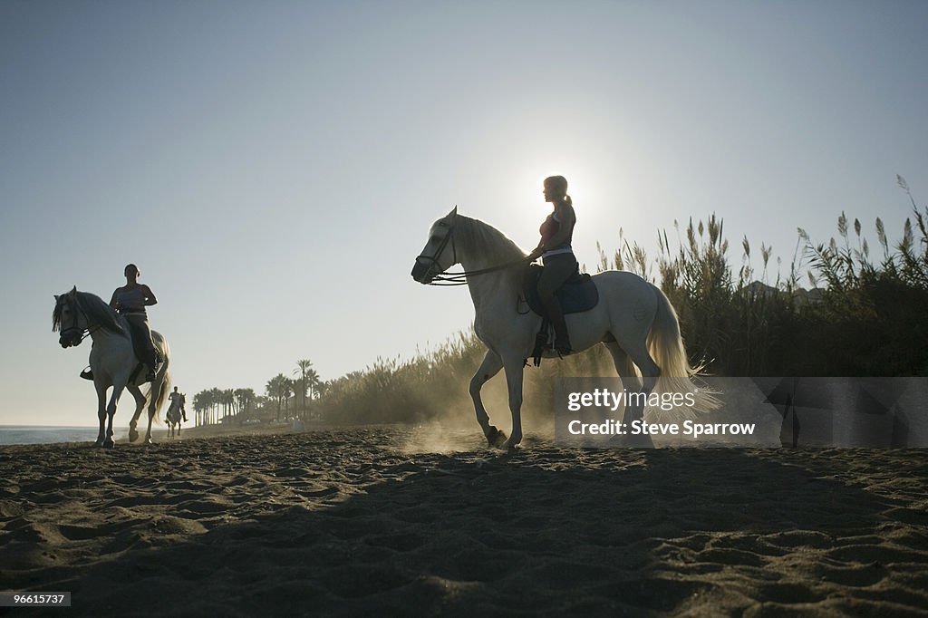 Three women riding horses on beach